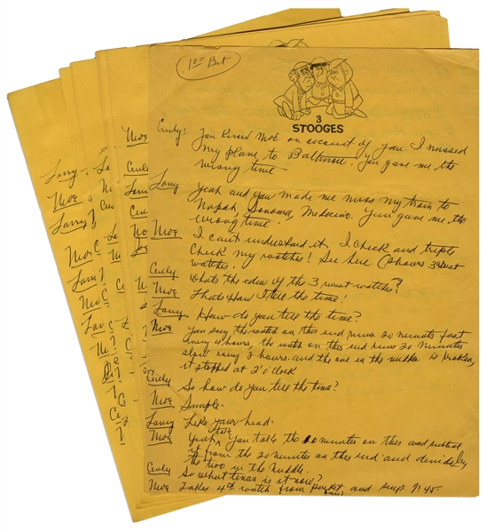 Moe Howard's Handwritten & Signed Comedy Sketch for an Episode of ''The New Three Stooges'' -- Manuscript Spans Over 10 Pages